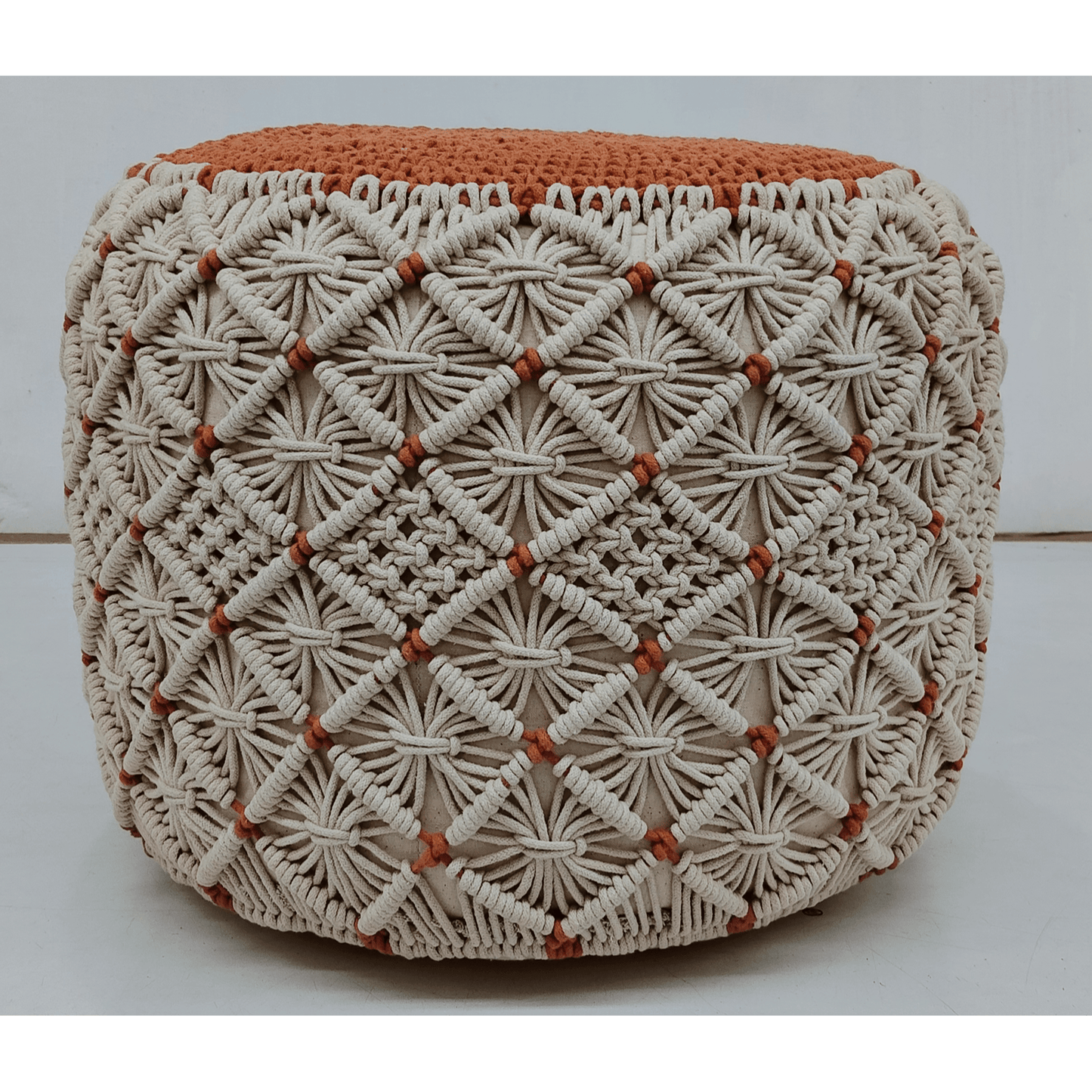 HANDWOVEN MACRAME POUF IVORY RUST