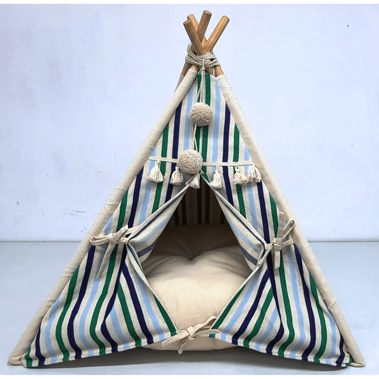 MULTICOLOR PRINTED STRIPE PET TEEPEE WITH TASSELS & POM POMS – COZY COTTON HIDEOUT