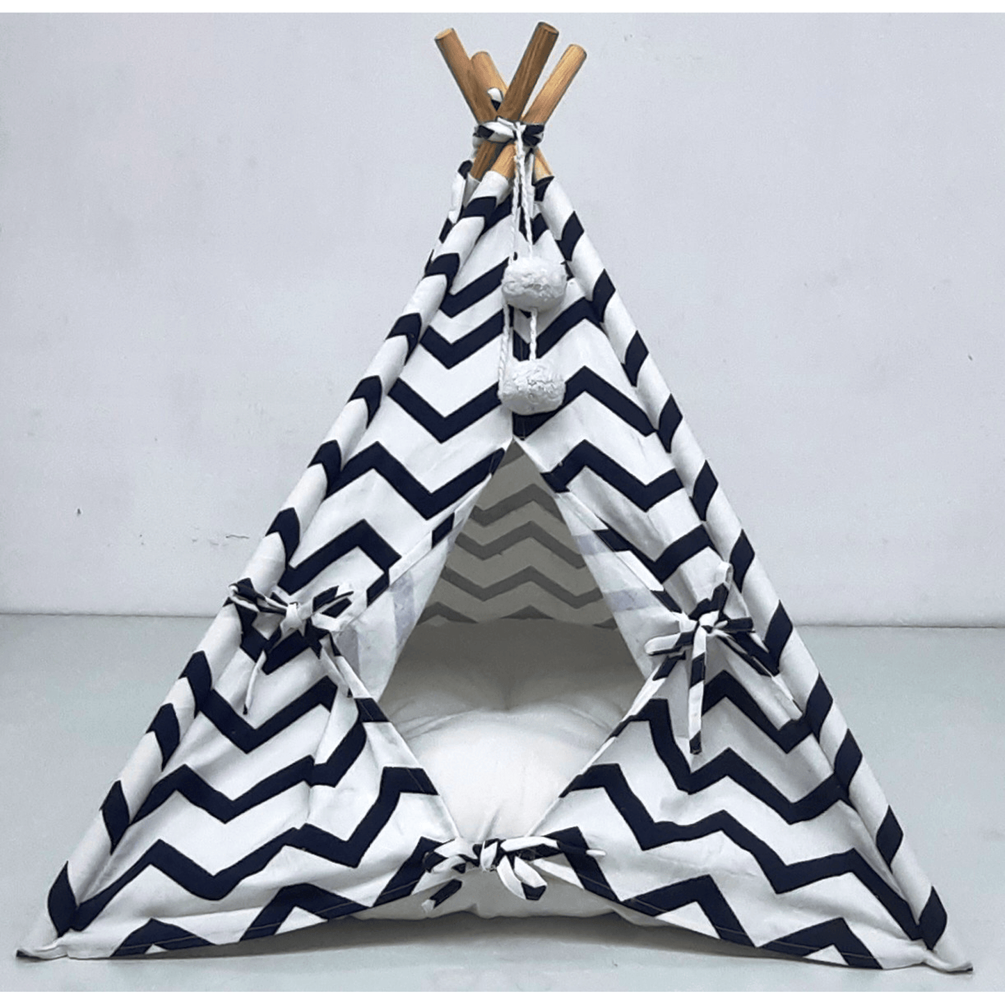 CHEVRON PRINT PET TEEPEE WITH POM POMS – STYLISH COZY HIDEAWAY