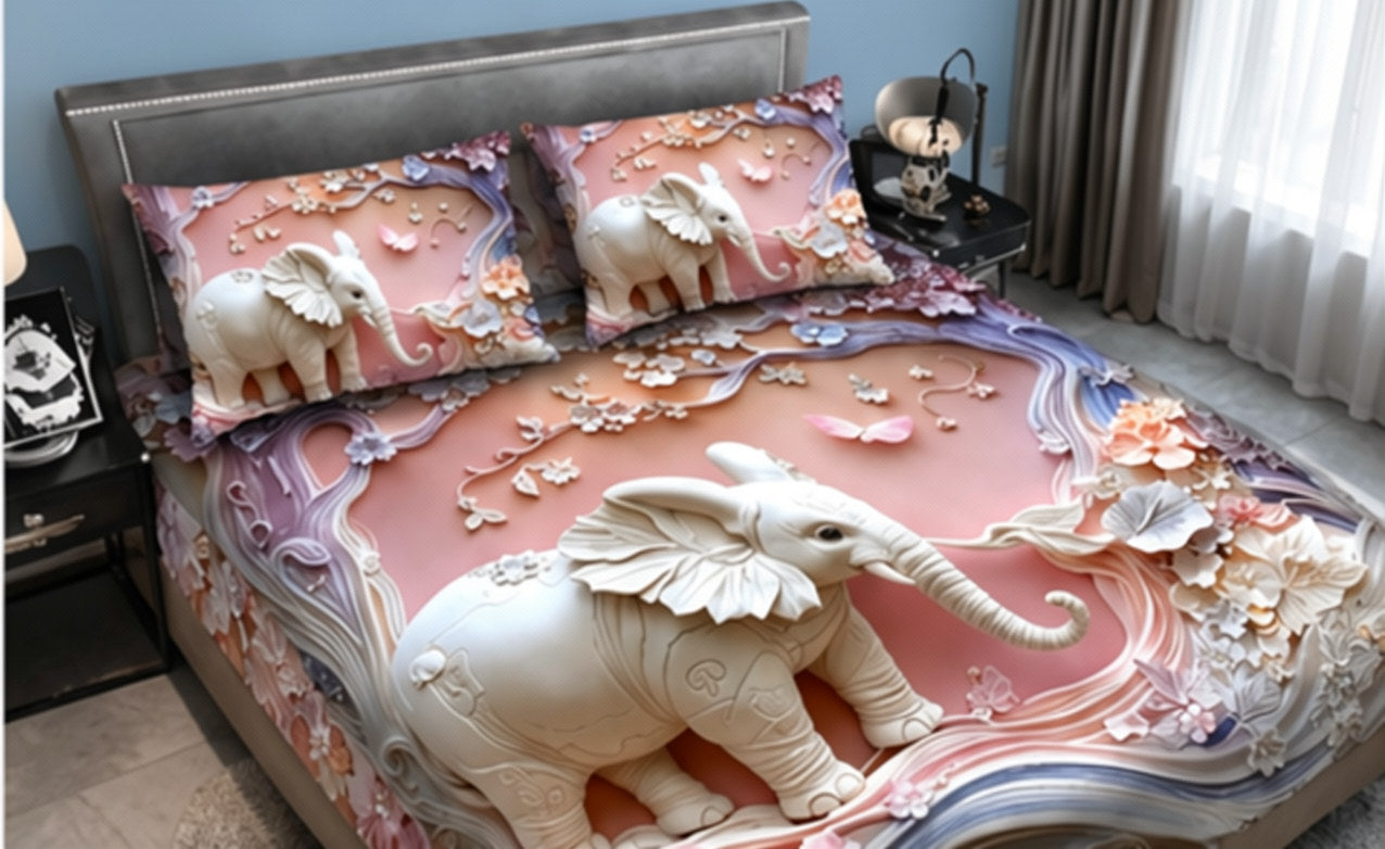 Fantasy Elephant Floral Bedsheet with 2 Pillow Covers