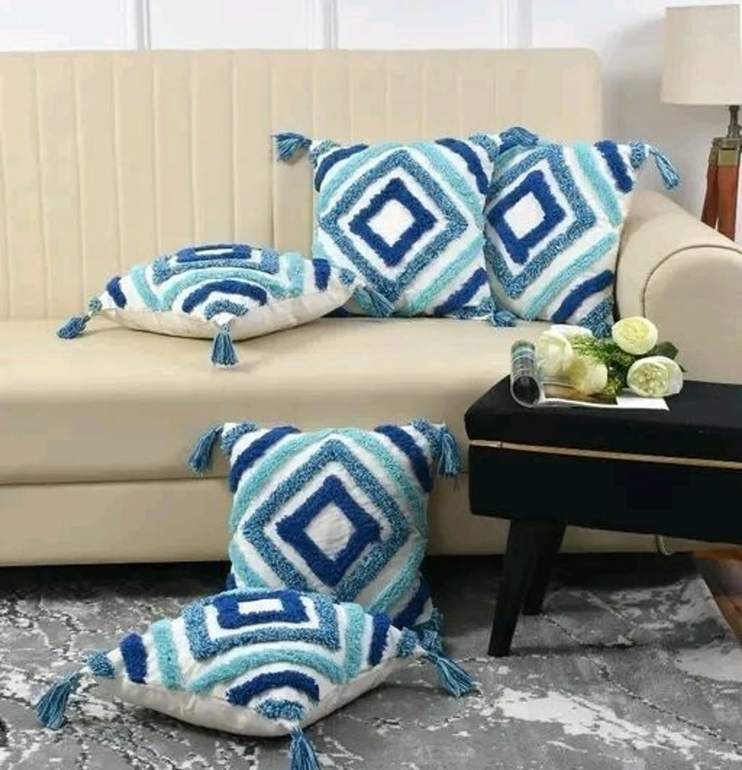 Premium Tufted Cushion with 4 Side Tassel 16x16 inch