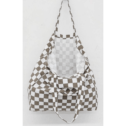 BROWN & WHITE CHECKERED PRINTED BAG