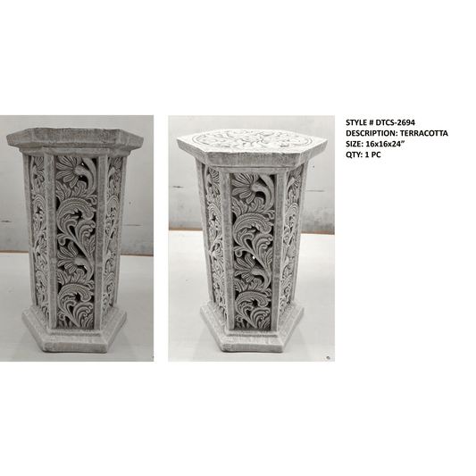 HANDCRAFTED TERRACOTTA HEXAGONAL PEDESTAL – INTRICATE CARVED DESIGN