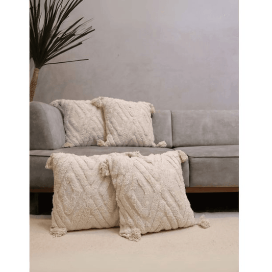 TEXTURED IVORY TUFTED CUSHION WITH TASSELS – COZY DECORATIVE THROW PILLOW SET OF 4 PCS