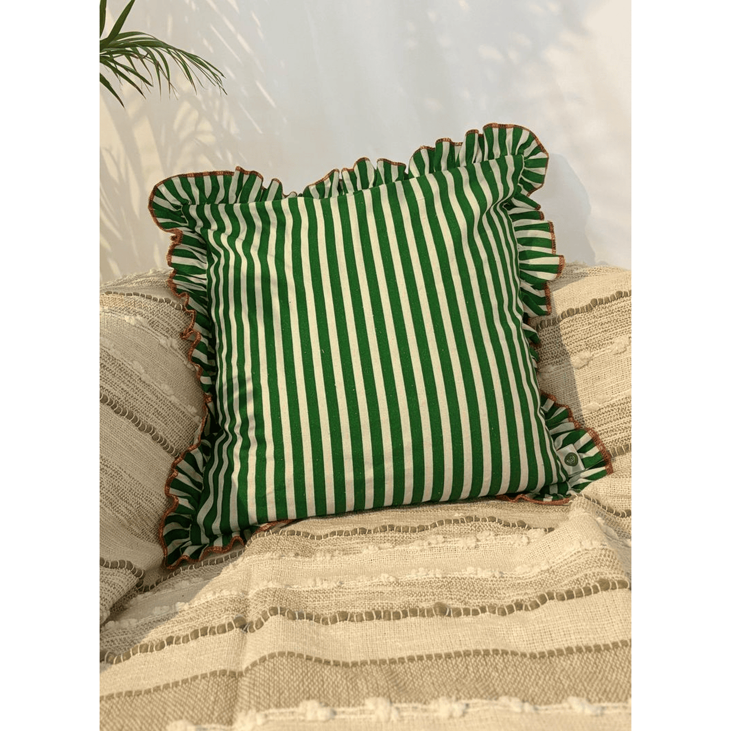 GREEN STRIPED RUFFLE PRINTED CUSHION – ELEGANT COTTON DECOR PILLOW SET OF 4 PCS