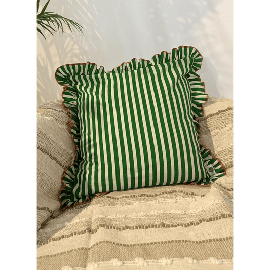 GREEN STRIPED RUFFLE PRINTED CUSHION – ELEGANT COTTON DECOR PILLOW SET OF 4 PCS