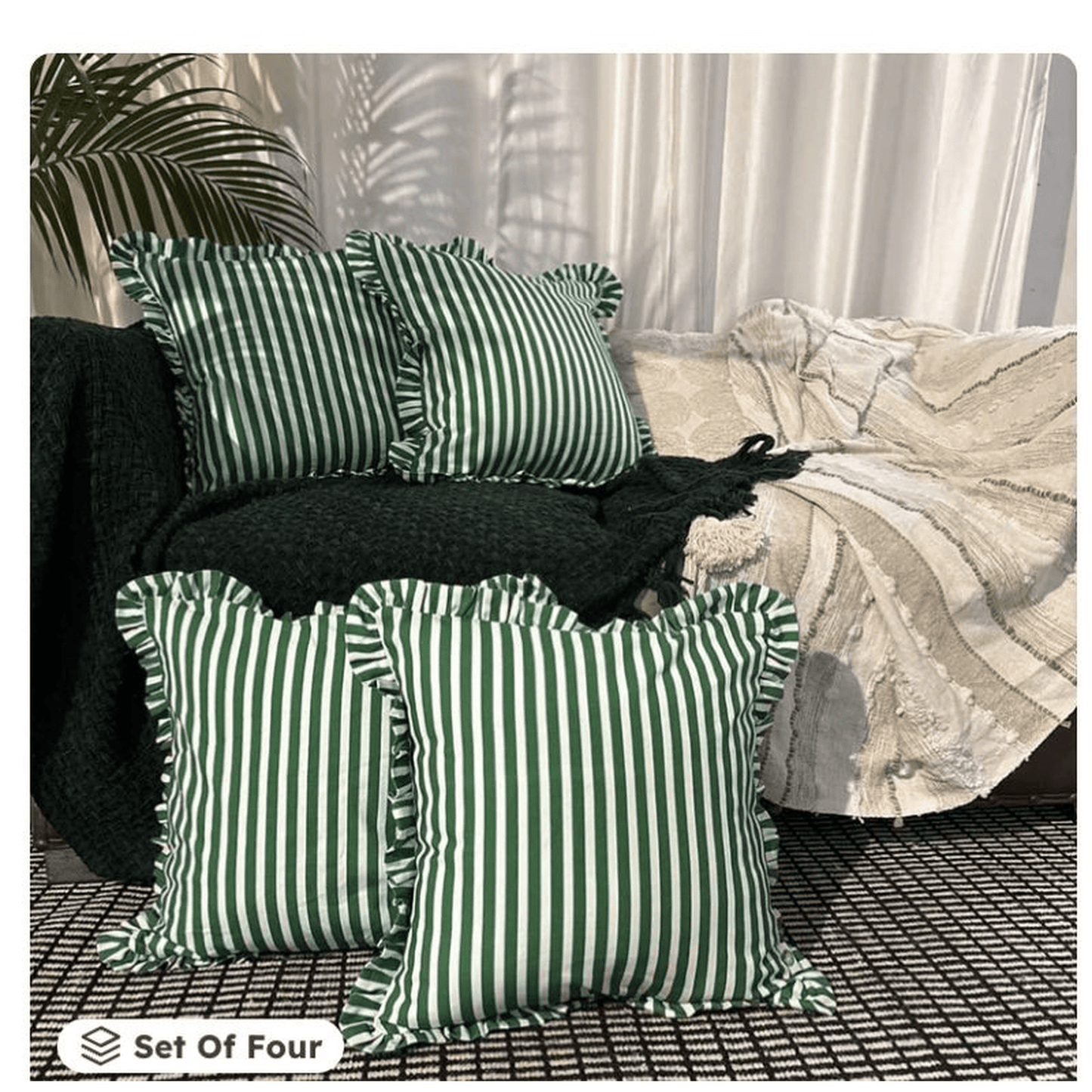 GREEN STRIPED RUFFLED CUSHION SET OF 4 PCS