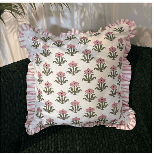 HANDBLOCK FLORAL PRINT CUSHION WITH RUFFLED EDGES