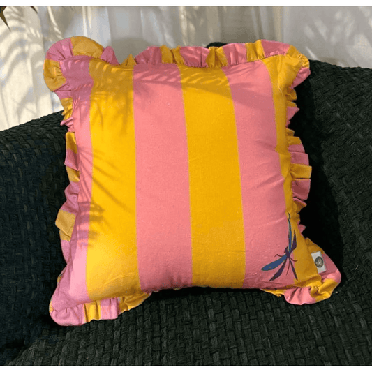VIBRANT YELLOW & PINK STRIPED RUFFLE PRINTED CUSHION – BRIGHT & PLAYFUL ACCENT PILLOW SET OF 4 PCS