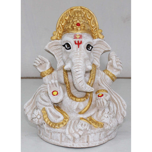 HANDCRAFTED WHITE & GOLD GANESHA IDOL – TRADITIONAL BLESSING DESIGN