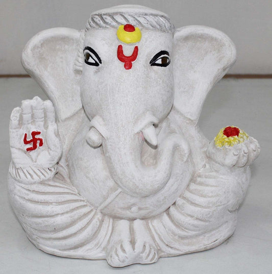 HANDCRAFTED WHITE GANESHA IDOL – BLESSING POSE WITH LADDU