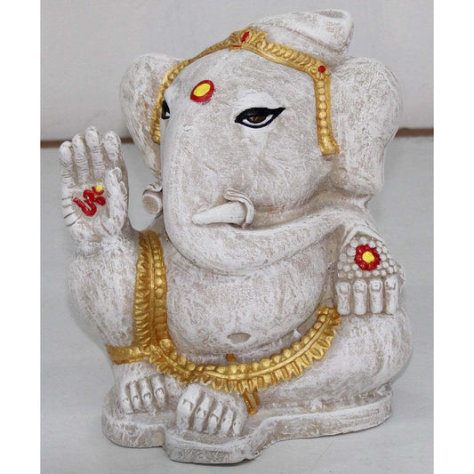 HANDCRAFTED WHITE ANTIQUE GANESHA IDOL – BLESSING POSE WITH GOLD DETAILING