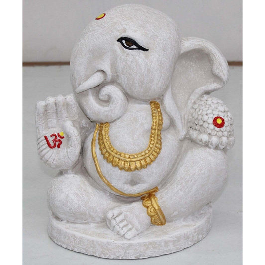 ANTIQUE WHITE SITTING GANESHA IDOL – HANDCRAFTED DECORATIVE STATUE