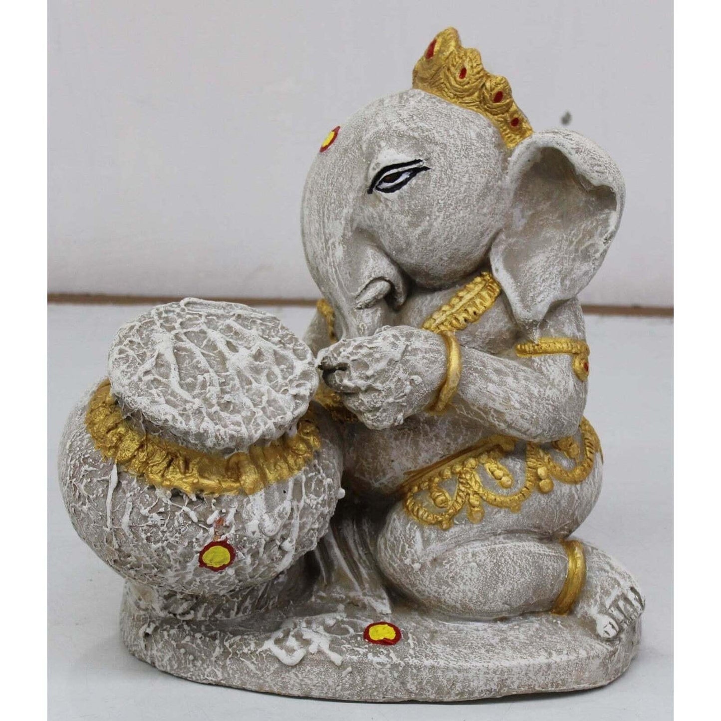 ANTIQUE WHITE GANESHA WITH POT IDOL – DECORATIVE HANDCRAFTED STATUE