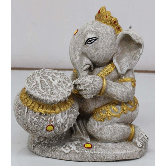 ANTIQUE WHITE GANESHA WITH POT IDOL – DECORATIVE HANDCRAFTED STATUE
