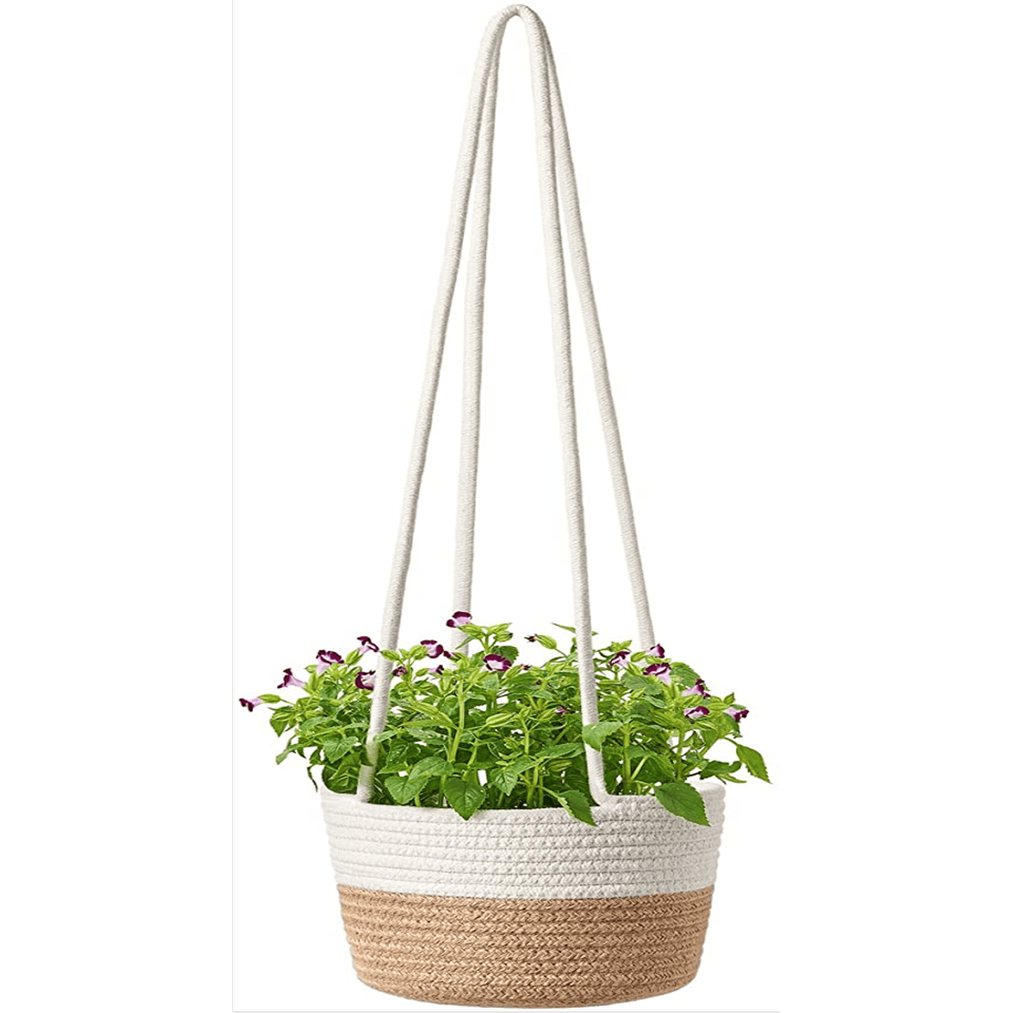TWO-TONE HANGING FABRIC PLANTER – MODERN WOVEN ROPE BASKET