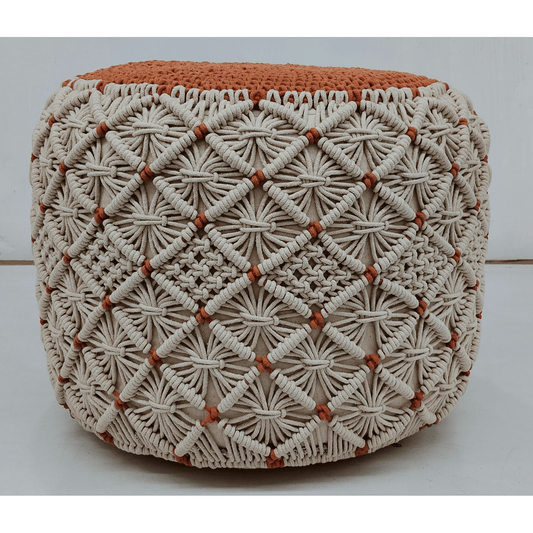 HANDWOVEN  MACRAME POUF IVORY RUST