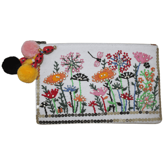 HAND-EMBROIDERED FLORAL ZIPPED POUCH