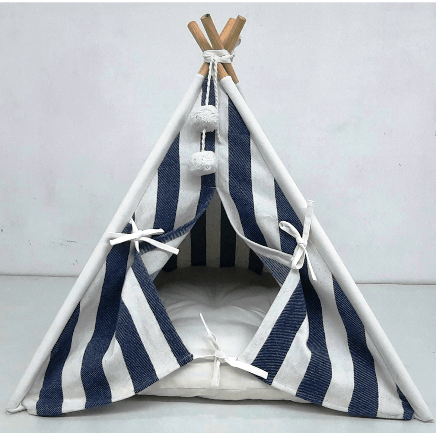 STRIPE PET PRINTED  TEEPEE WITH POM POMS – COZY & STYLISH PET HIDEOUT