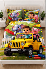 Adventure Jeep Cartoon Kids Bedsheet with 2 Pillow Covers