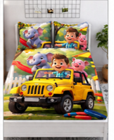 Adventure Jeep Cartoon Kids Bedsheet with 2 Pillow Covers
