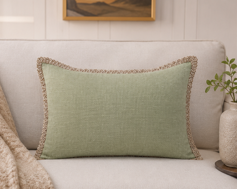Premium  Cotton Cushion Cover with 4-Side lace, offering a soft feel, elegant design, and stylish décor accent for any living space