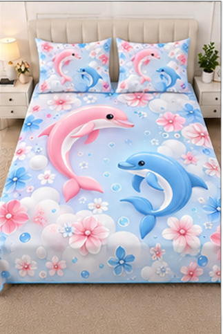 Dolphin Dream Floral Bedsheet with 2 Pillow Covers