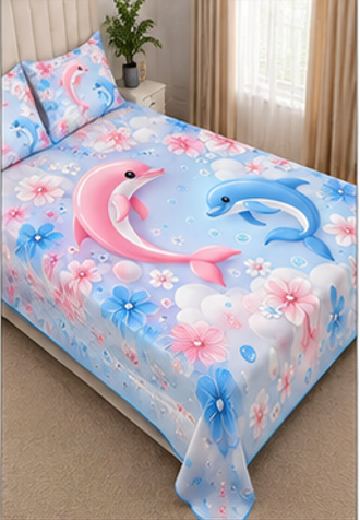 Dolphin Dream Floral Bedsheet with 2 Pillow Covers