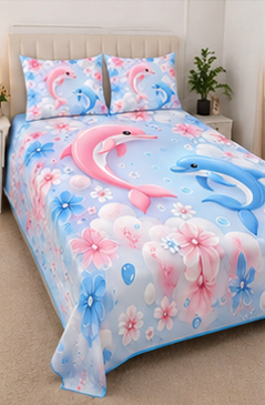Dolphin Dream Floral Bedsheet with 2 Pillow Covers
