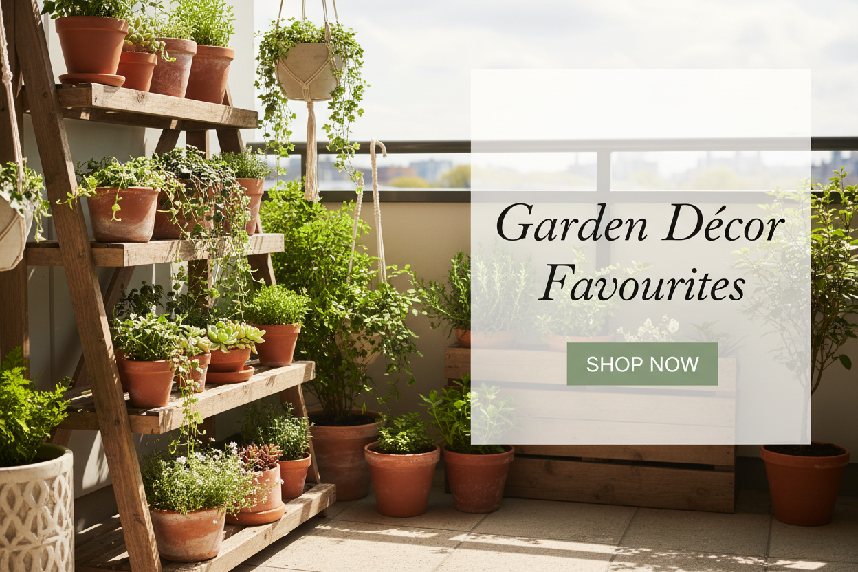 Bright, airy garden décor scene on a sunlit balcony or porch. Wooden plant shelf with potted plants, hanging planters, terracotta pots, and lush greenery. Warm natural sunlight, soft shadows, fresh spring atmosphere. Left side shows plants and décor; right side has a light cream overlay area with elegant headline text and a  call-to-action button. Calm, nature-inspired, premium home and garden aesthetic. Realistic lifestyle photography, website-ready.Include headline text “Garden Décor Favourites” with smal