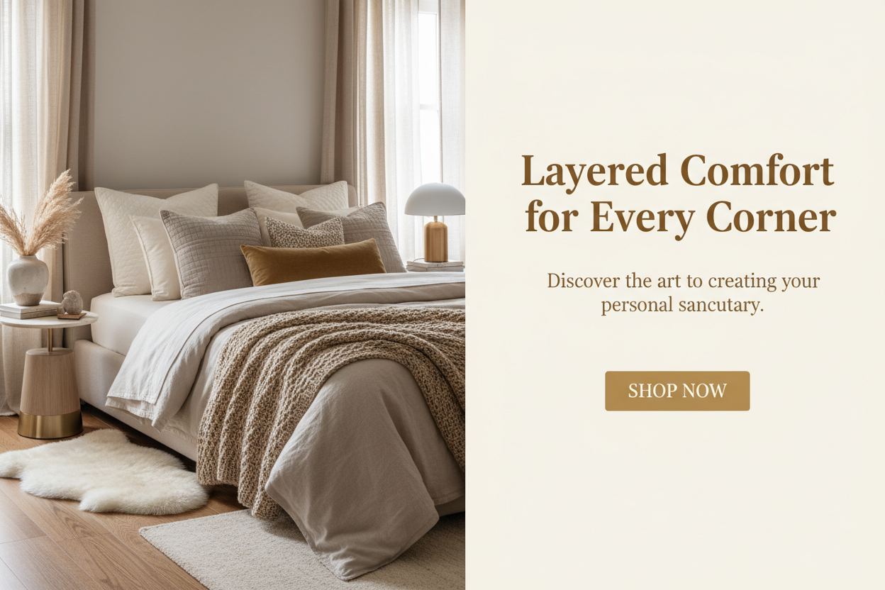 Cozy luxury bedroom interior with layered bedding, soft throws, textured pillows, and warm neutral tones. Natural daylight through large windows with beige curtains. Left side shows the styled bed and decor; right side has a clean cream background with elegant headline text and a call-to-action button. Warm, inviting, premium home decor aesthetic. Soft lighting, realistic, high-end lifestyle photography, website-ready.Include headline text “Layered Comfort for Every Corner” with smaller subtitle below and a